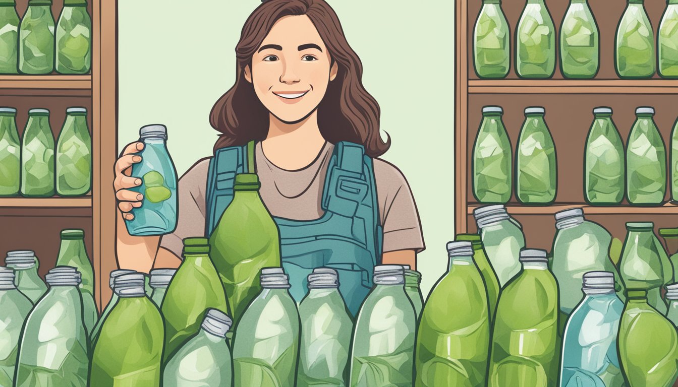 A person surrounded by multiple bottles of Harmless Harvest coconut water, with an overflowing glass in hand, indicating excessive consumption