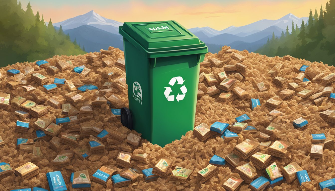 A mountain of Kashi granola bars towering over a recycling bin, with a small number of bars scattered on the ground