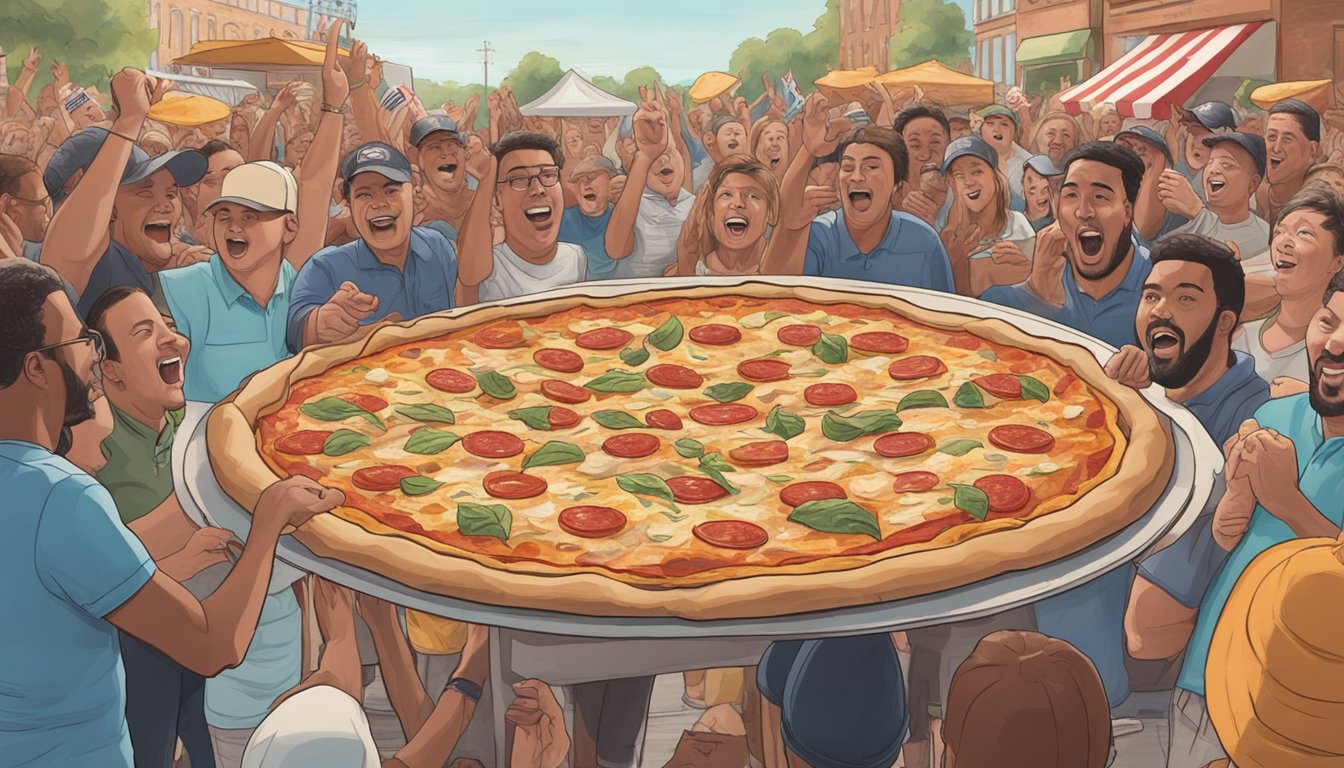 A massive pizza sits on a table, surrounded by cheering onlookers. The challenge is on at Pizza by the Pound in Kentucky