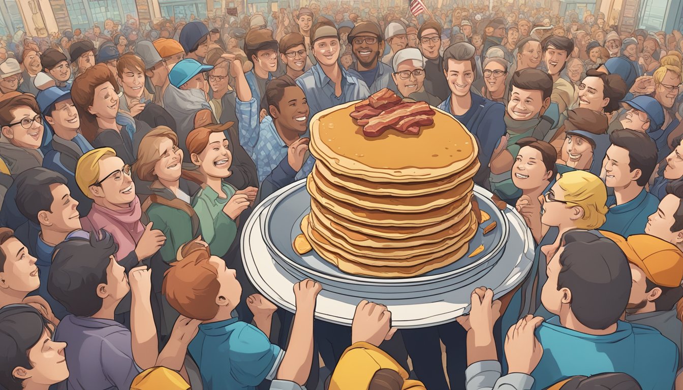 A towering stack of pancakes, bacon, and eggs on a plate, surrounded by a crowd of onlookers cheering on the brave challenger