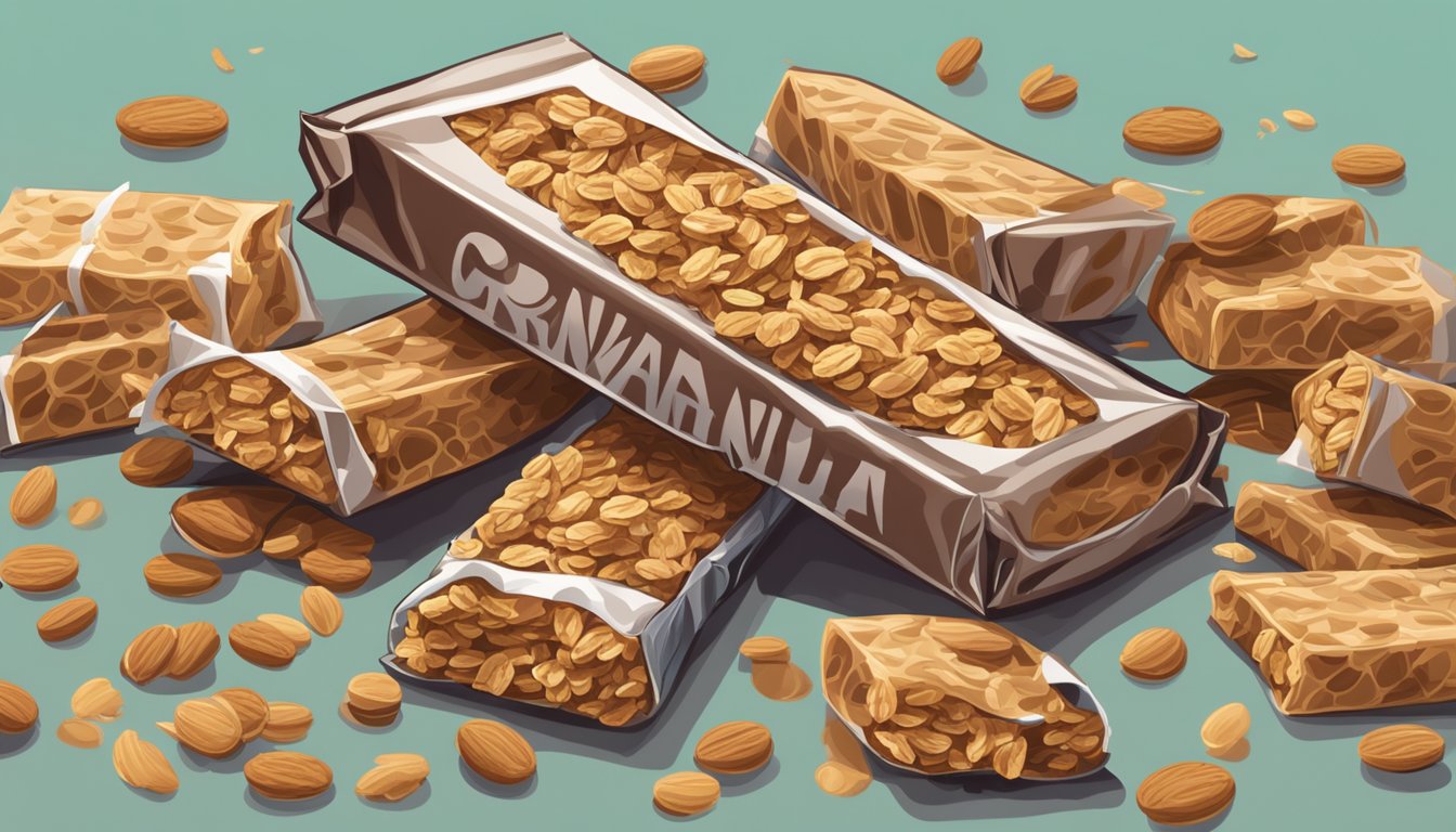 A pile of granola bars spilling out of a package, with a few bars scattered on the table