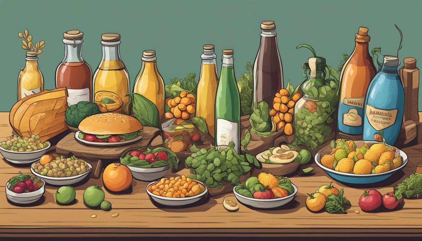 A table with various food items, including bottles of Harmless Harvest, surrounded by question marks and a puzzled expression