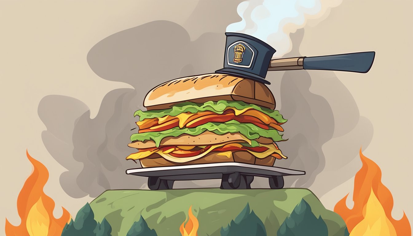 A towering sandwich surrounded by flames and smoke, with a firefighter's helmet and axe resting nearby