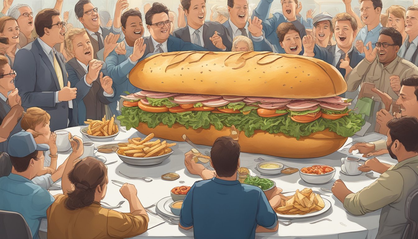 A massive submarine sandwich towering over a table, surrounded by cheering spectators and a timer counting down