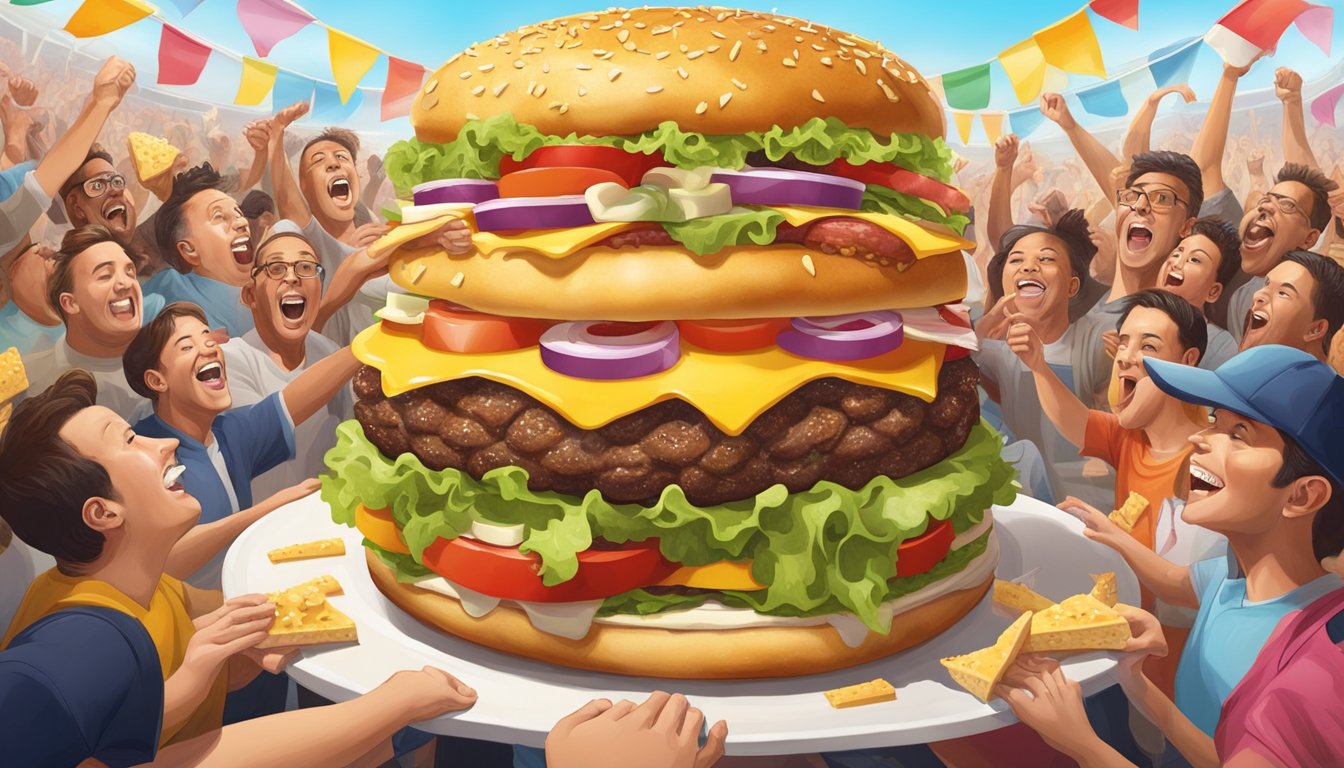 A towering burger with multiple patties, layers of cheese, and overflowing toppings sits on a massive platter, surrounded by cheering onlookers