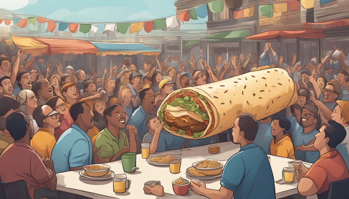 A giant burrito towering over a restaurant table, surrounded by cheering spectators and a timer ticking down