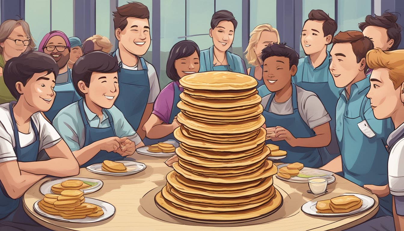 A table with 12 stacked pancakes, surrounded by eager contestants in a Kansas food challenge