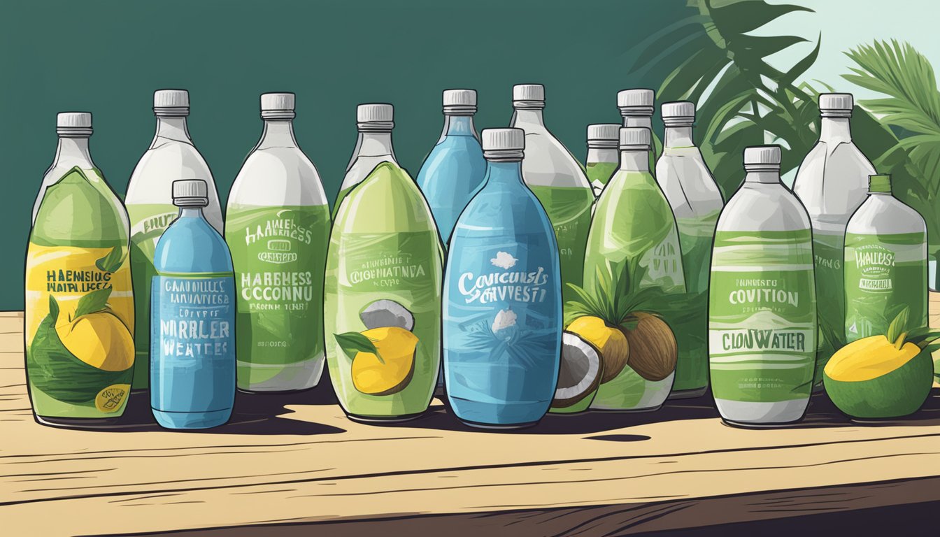 A table overflowing with multiple bottles of Harmless Harvest coconut water, surrounded by caution signs and a looming shadow