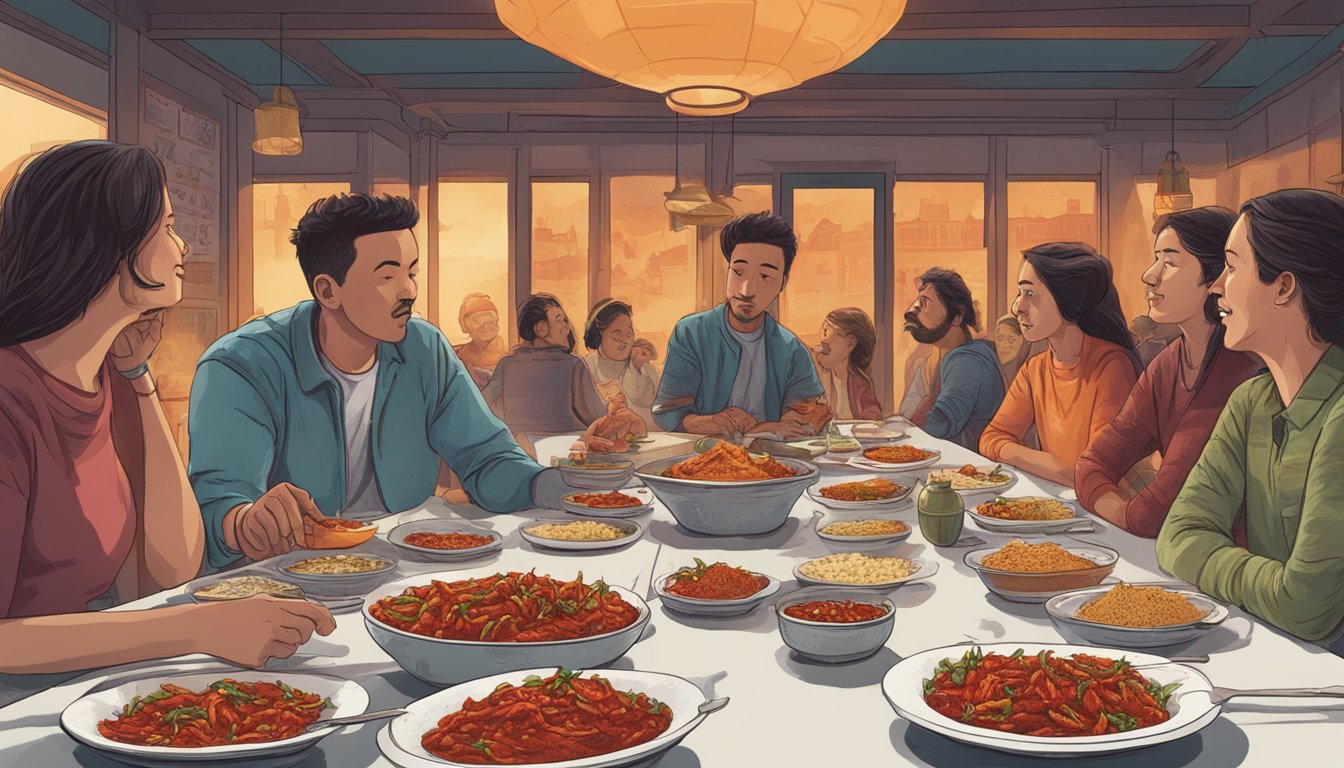 A table with five plates of spicy food, including a large bowl of ghost pepper chili. The room is filled with onlookers, some wincing at the sight