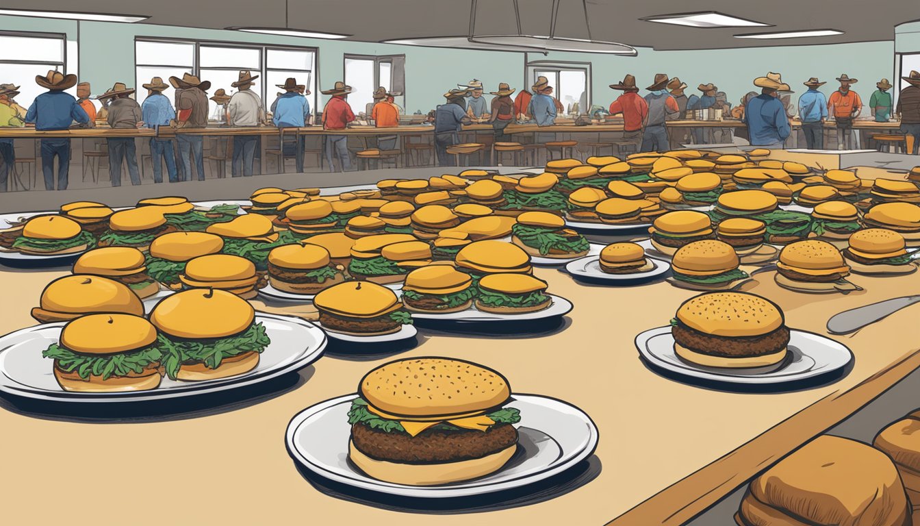 A row of cowboy hats line the table as burgers tower over contestants at the Iowa food challenge