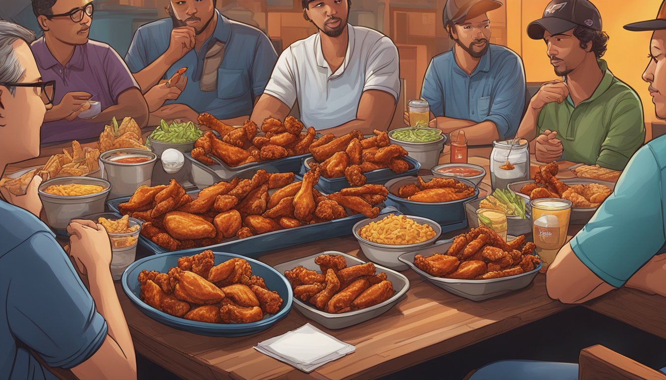 A table filled with a variety of spicy chicken wings, surrounded by onlookers at Prairie Fire Hot Wings in Kansas