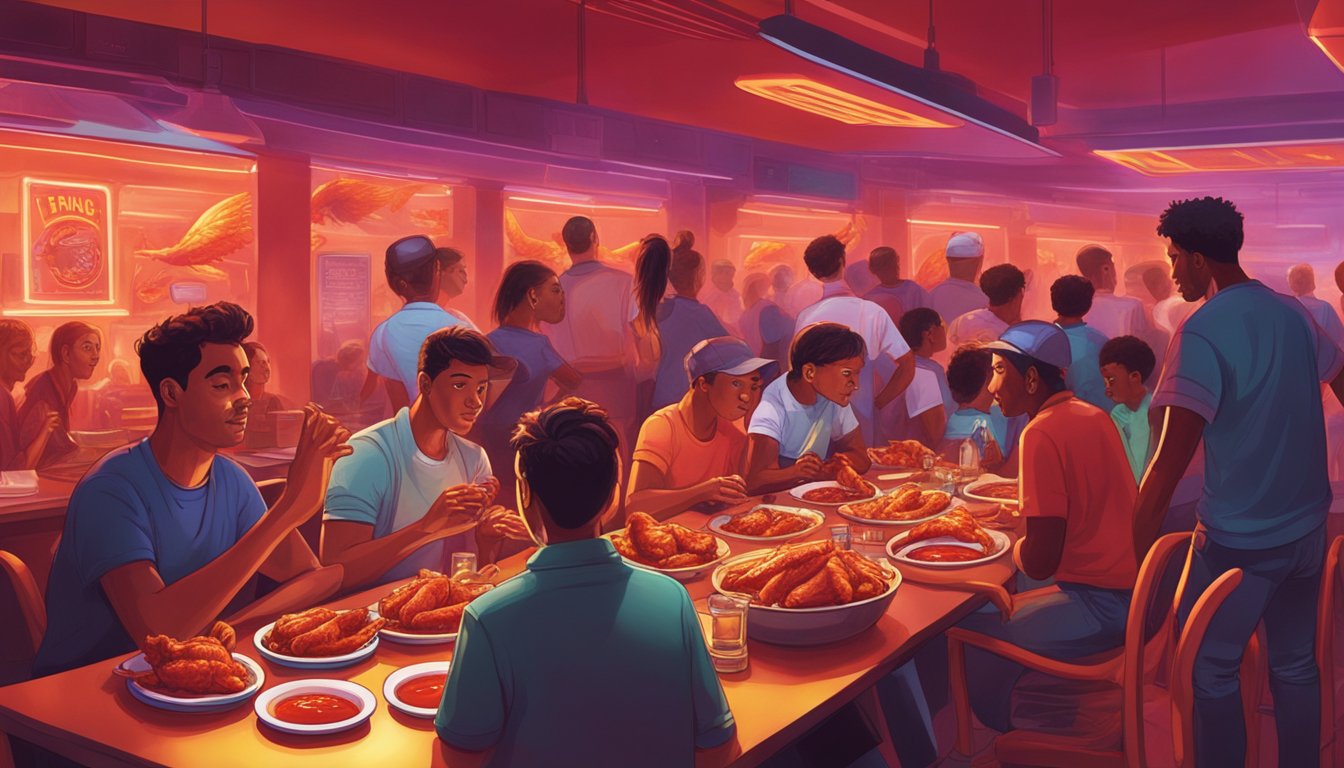 A steaming plate of fiery hot wings sits on a table, surrounded by onlookers. The intense red sauce glistens under the restaurant's fluorescent lights