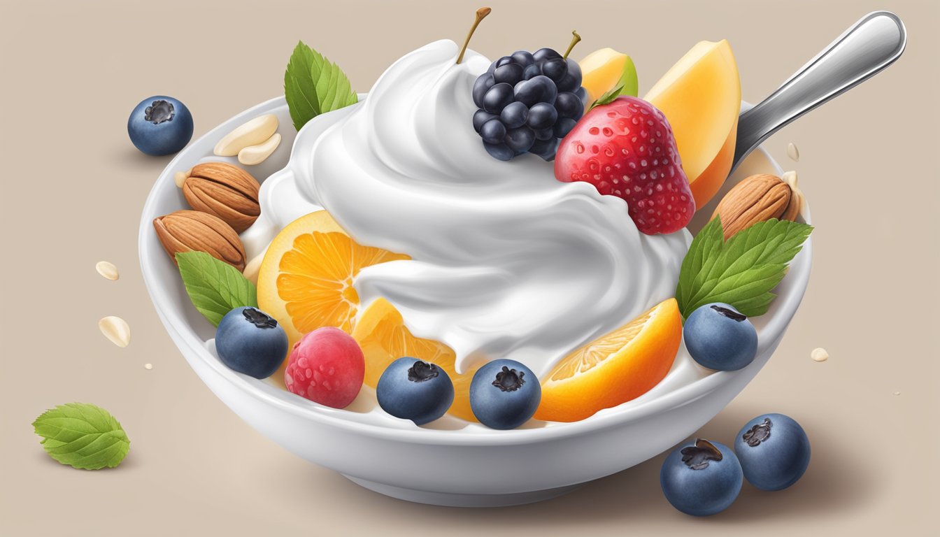 A spoonful of Dannon yogurt overflowing from a small bowl, surrounded by various fruits and nuts