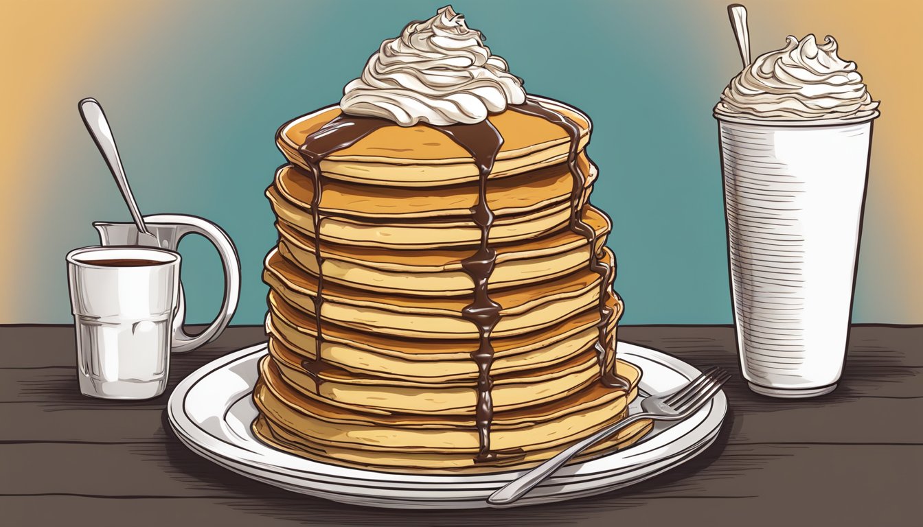 A towering stack of monster-sized pancakes, topped with whipped cream and syrup, awaits the brave challenger at the Iowa food challenge