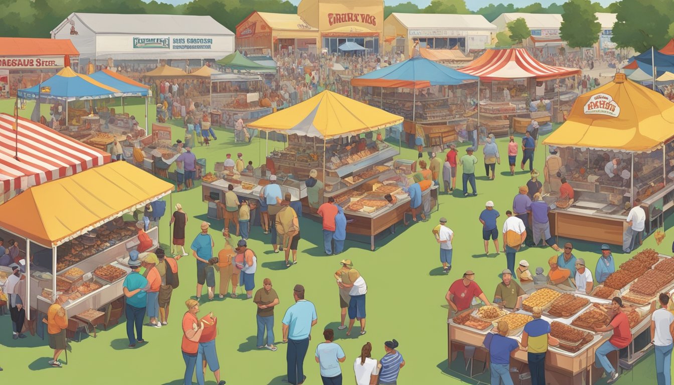 A crowded county fair with people watching contestants attempt to eat oversized portions of Kansas' famous BBQ and fried foods