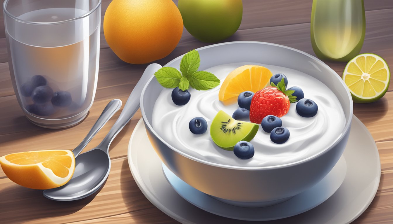 A person enjoying a bowl of Dannon yogurt with a spoon, surrounded by fresh fruits and a glass of water on a wooden table