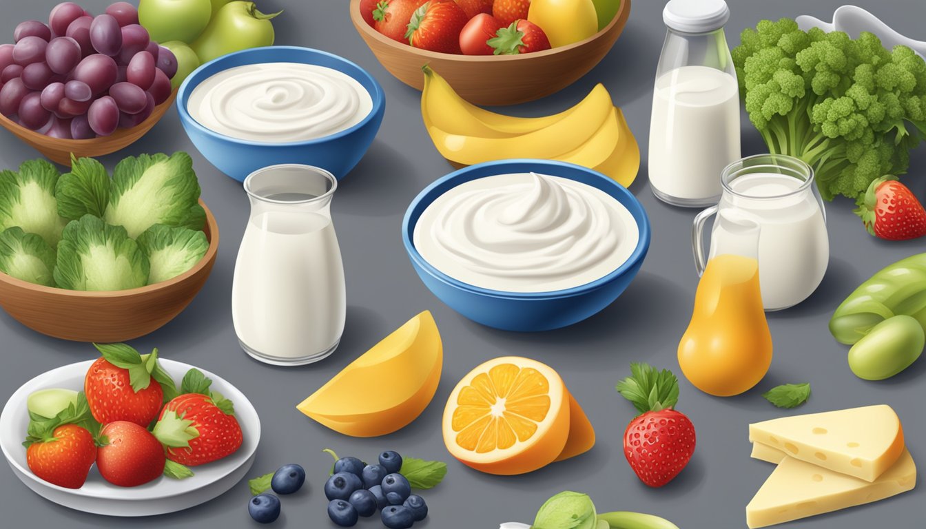 A table with various dairy products, including Dannon yogurt, surrounded by fruits and vegetables