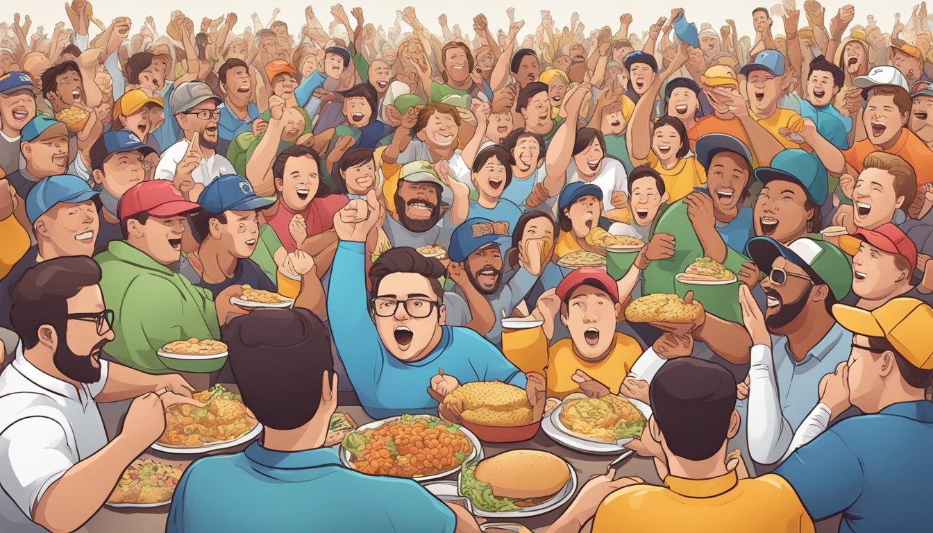 A crowded food challenge event with competitive eaters and cheering spectators