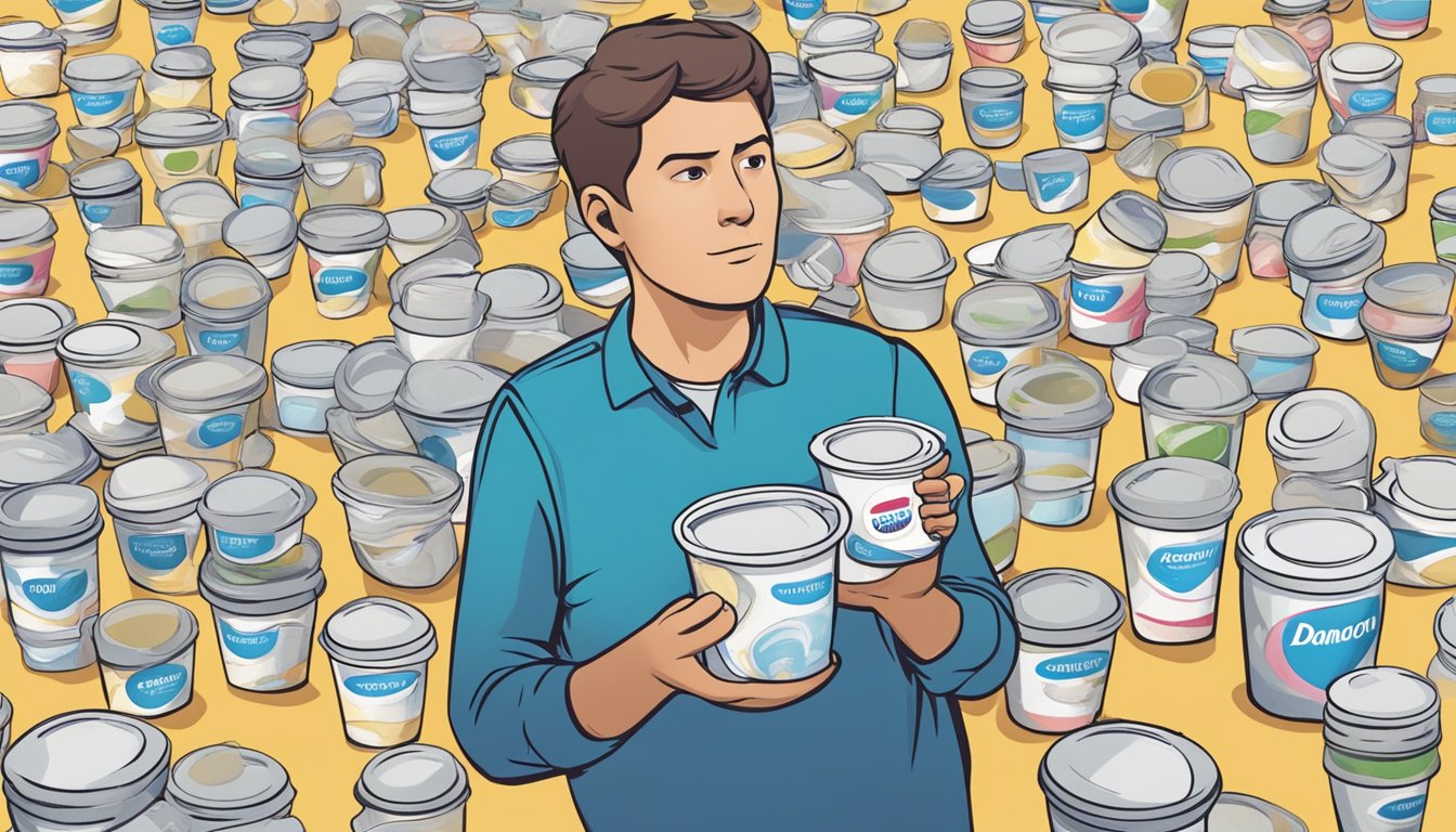 A person surrounded by multiple empty Dannon yogurt containers, with a concerned expression on their face