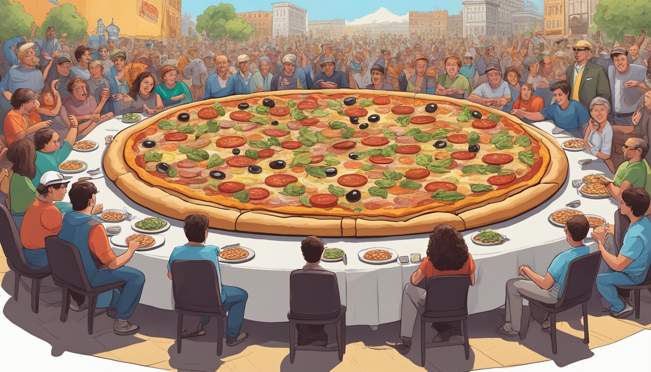 A giant pizza with monstrous toppings towers over a table, surrounded by onlookers and challengers