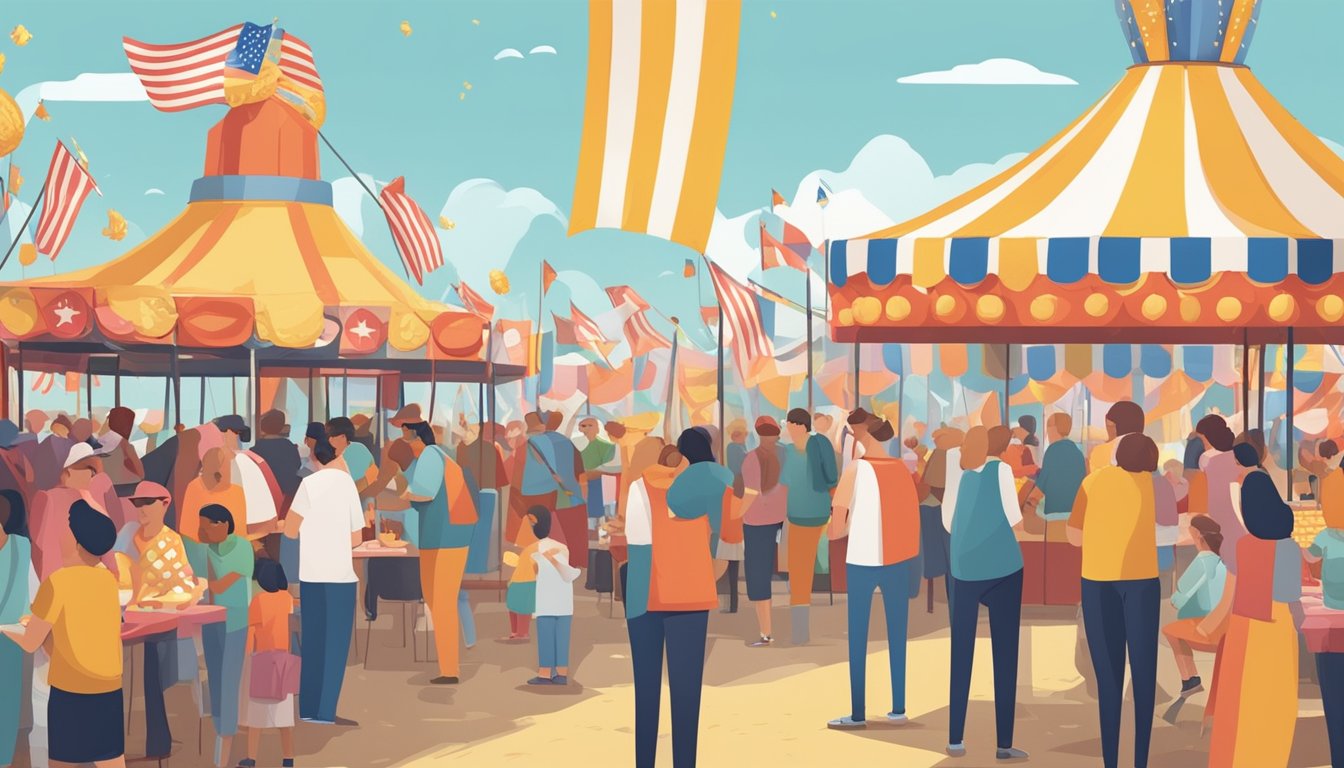 A crowded fairground with a long line of people waiting to attempt the corn dog eating challenge. Flags and banners flutter in the background