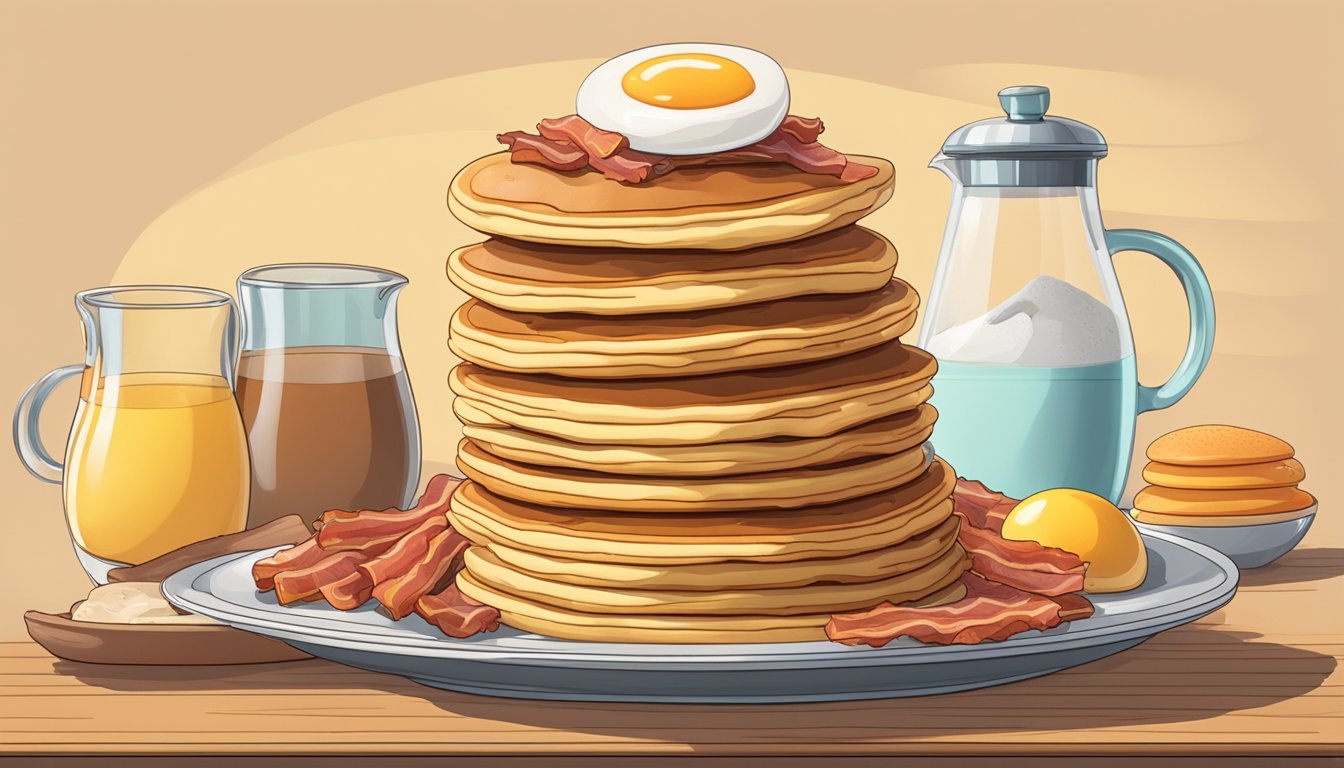 A towering stack of pancakes, eggs, bacon, and sausage on a large platter with a timer set next to it