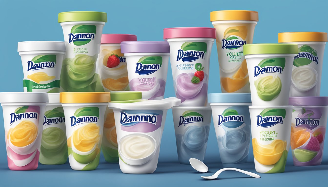 A variety of Dannon yogurt containers arranged in a neat row, with a spoon beside them for serving