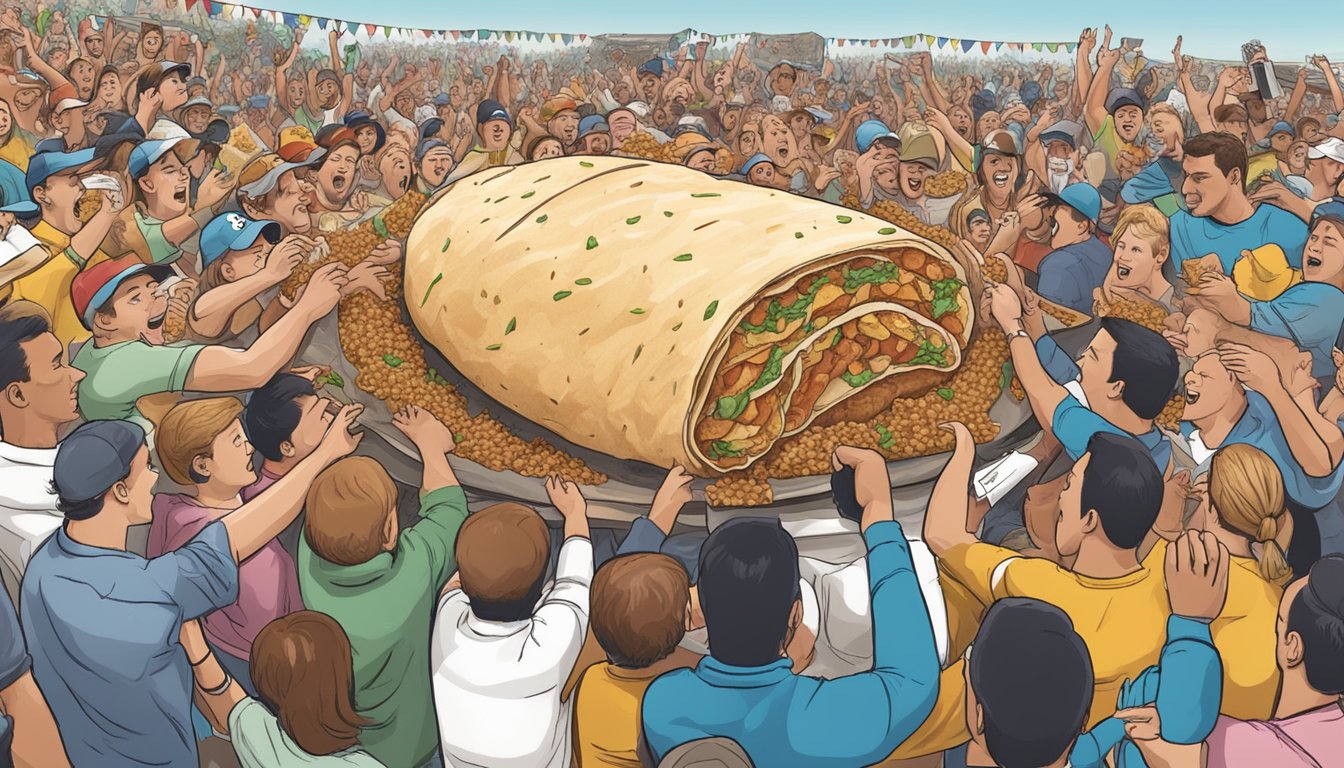 A massive, overflowing burrito surrounded by cheering onlookers at an Iowa food challenge event