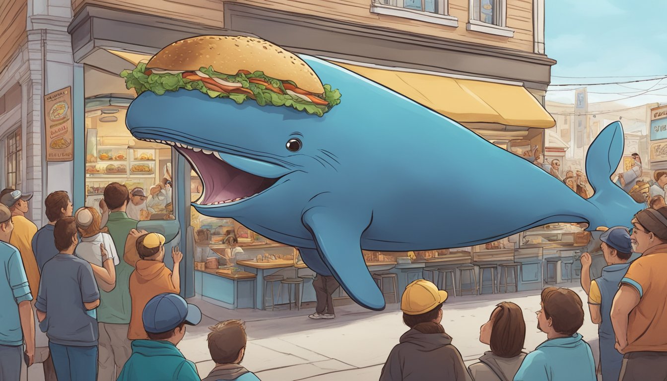 A brave whale burrito dwarfing a sandwich shop, surrounded by cheering onlookers