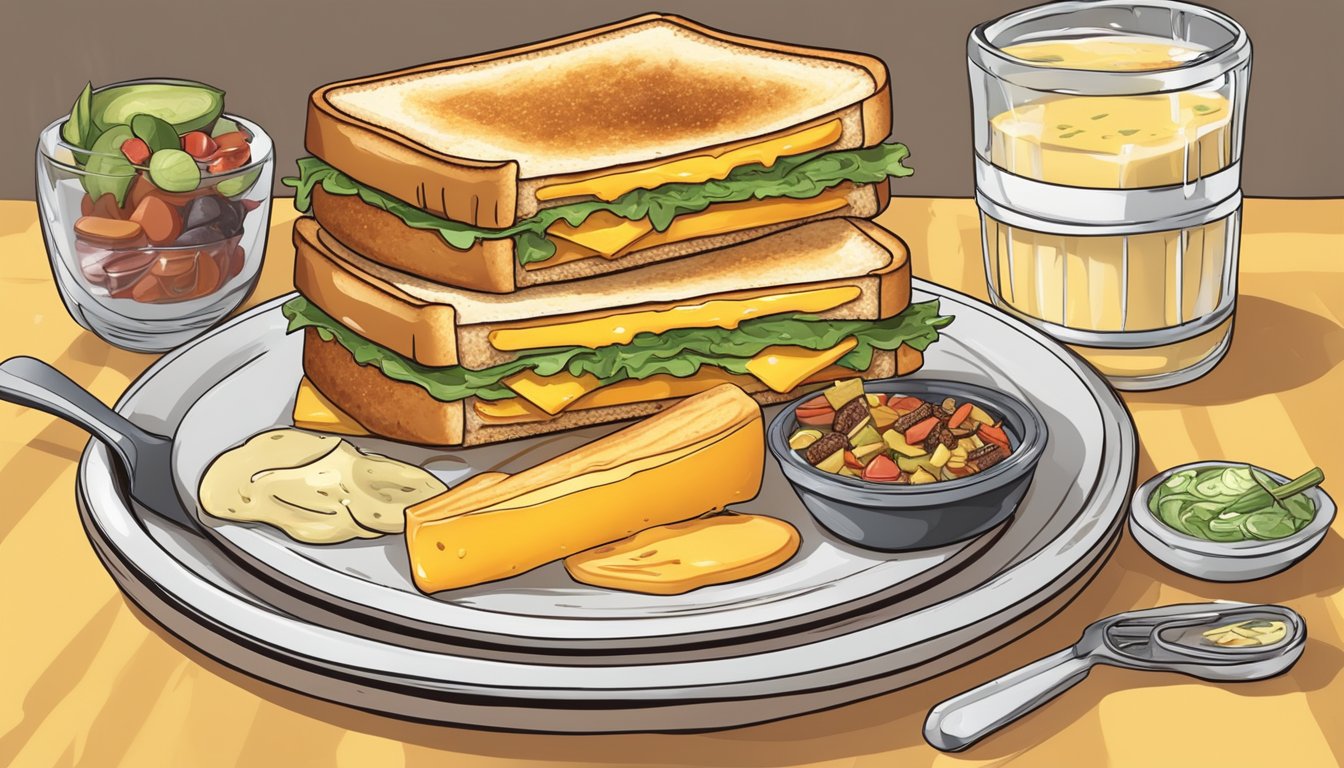 A massive grilled cheese sandwich towers over a plate, oozing with melted cheese and surrounded by a variety of toppings and condiments