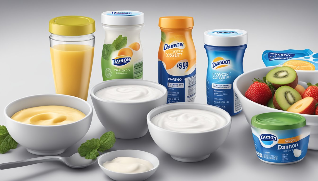 A table with multiple containers of Dannon yogurt, a measuring cup, and a nutrition label