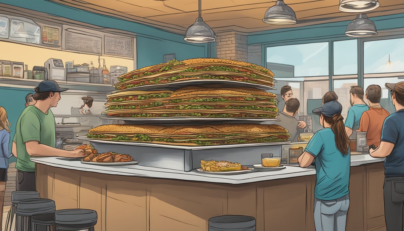 A towering stack of Titanic Tacos sits on the counter at Clark Street Dogs, surrounded by eager onlookers