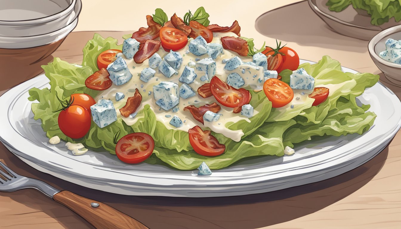 A towering wedge salad topped with bacon, blue cheese, and cherry tomatoes sits on a white plate, surrounded by a drizzle of creamy dressing