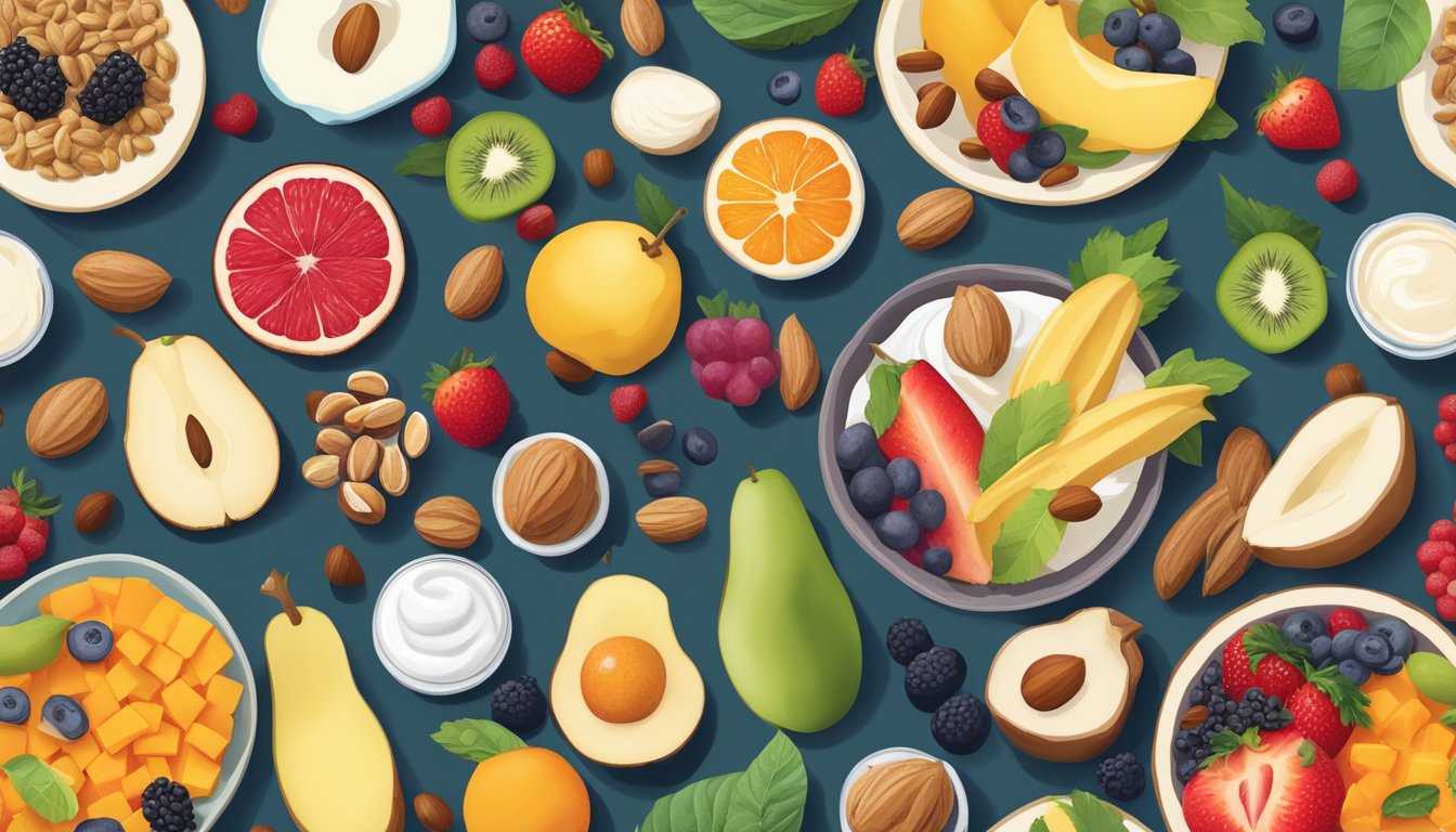 A colorful array of diverse foods, including fruits, nuts, seeds, and plant-based yogurts, arranged on a table