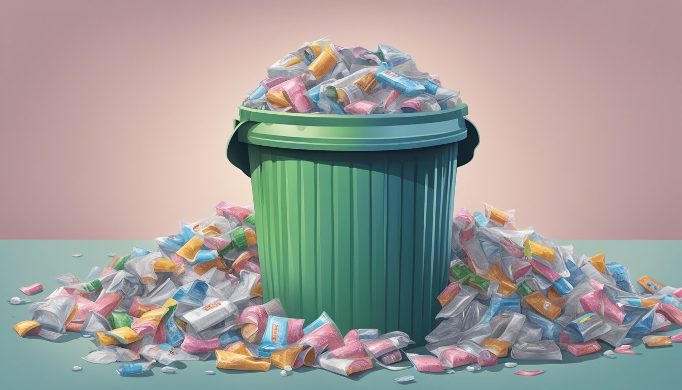 A pile of empty gum wrappers surrounds a overflowing trash can, with scattered packs of gum and a concerned expression on a nearby scale