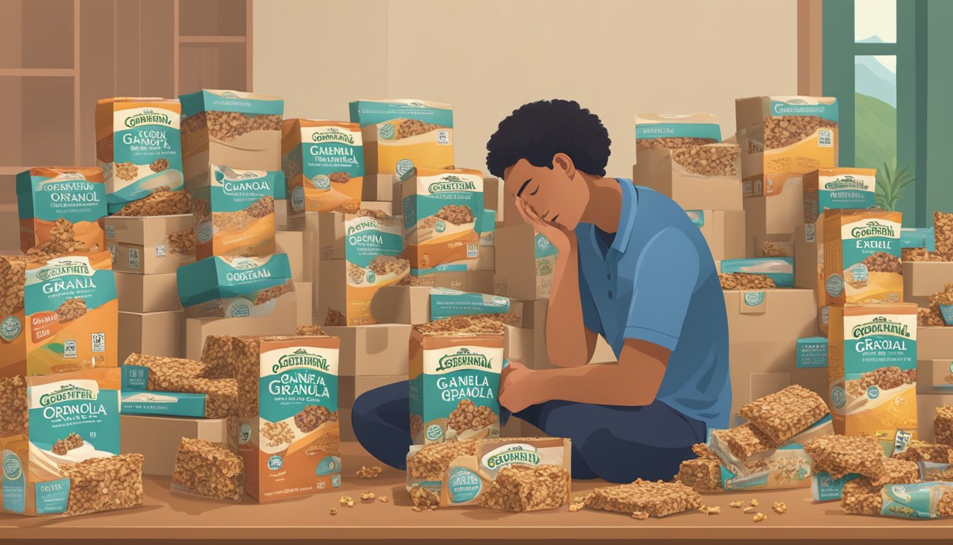 A table filled with boxes of Cascadian Farm organic granola bars, some bars scattered around, with a person looking overwhelmed by the abundance