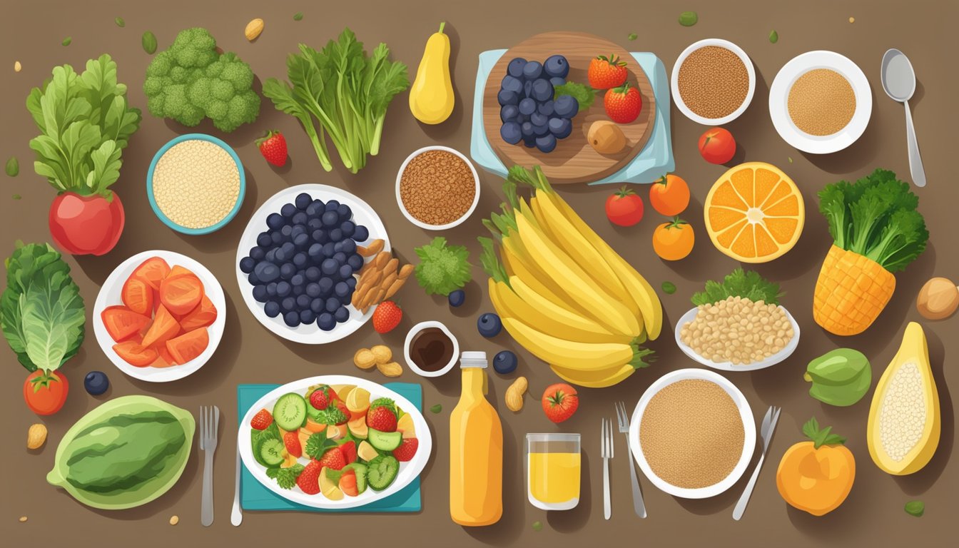 A table with various food items, including fruits, vegetables, and grains, with a nutritionist providing guidance on healthy eating choices