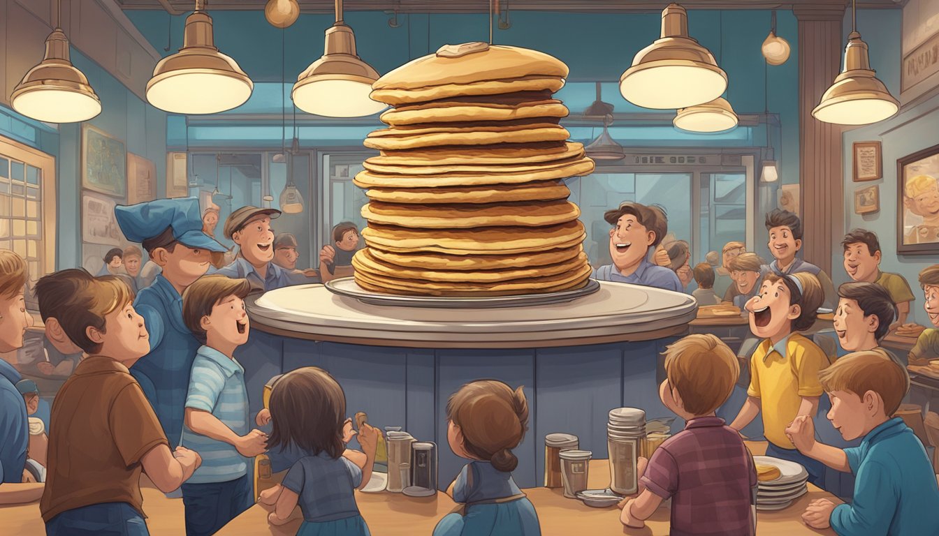 A towering stack of pancakes dwarfs the diner, surrounded by cheering onlookers and a timer on the wall