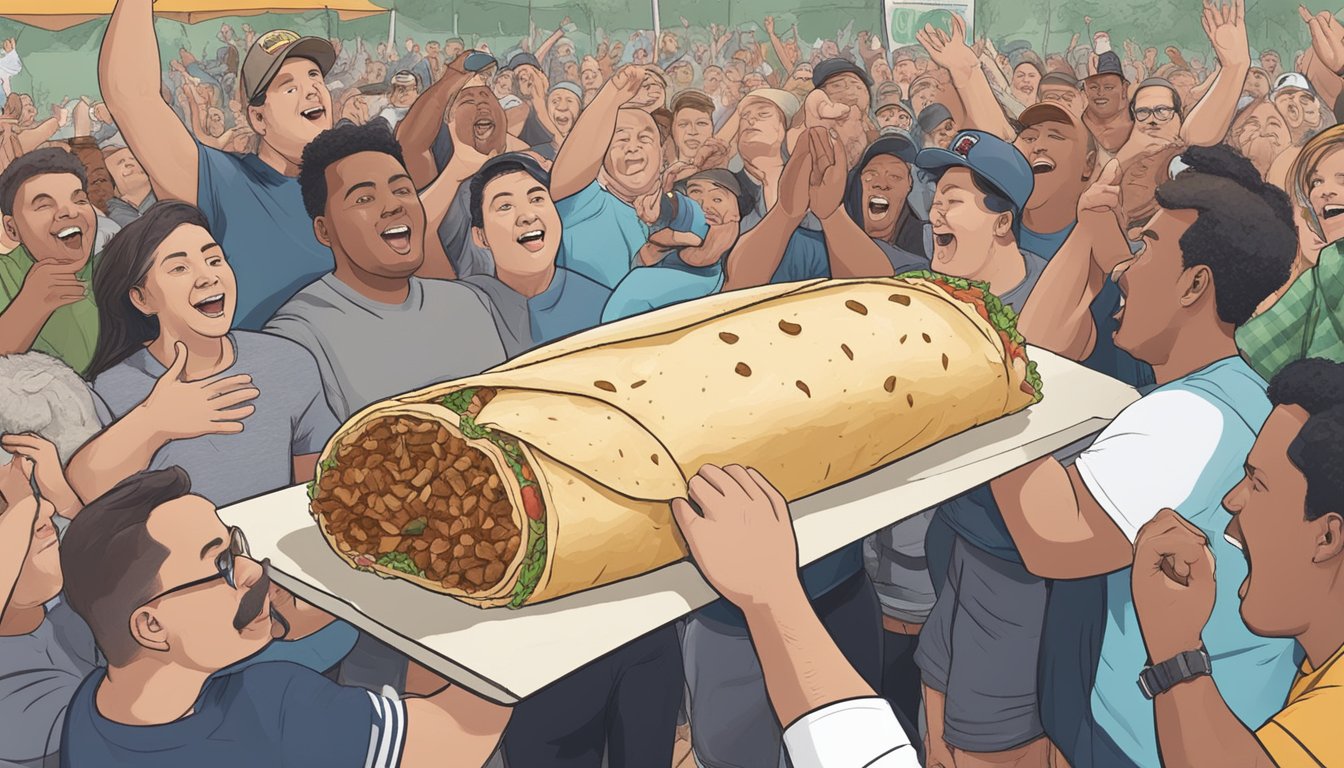 A massive five-pound burrito surrounded by cheering onlookers at an Indiana food challenge