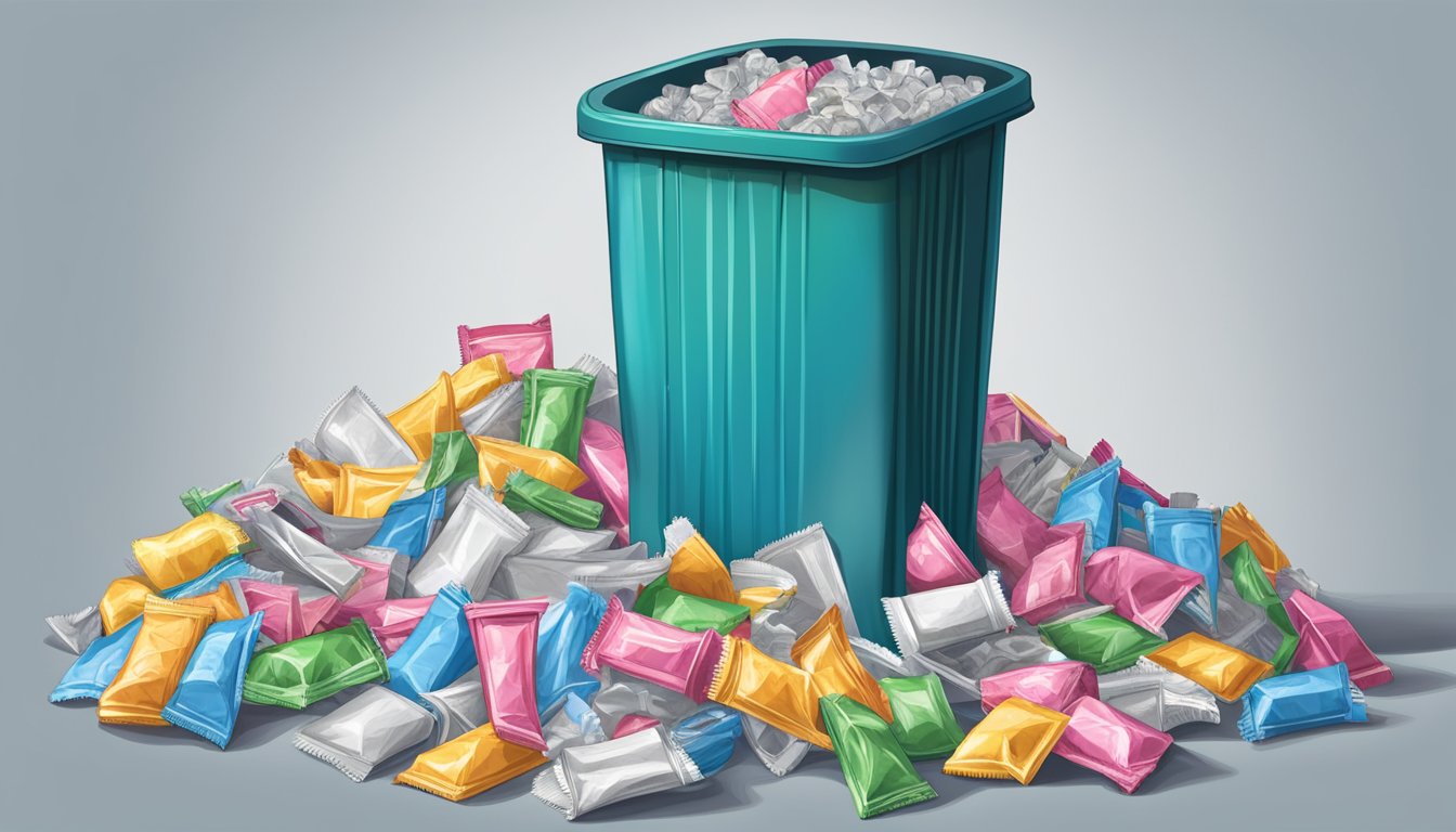 A pile of empty gum wrappers surrounds an overflowing trash can, with a pack of gum in hand