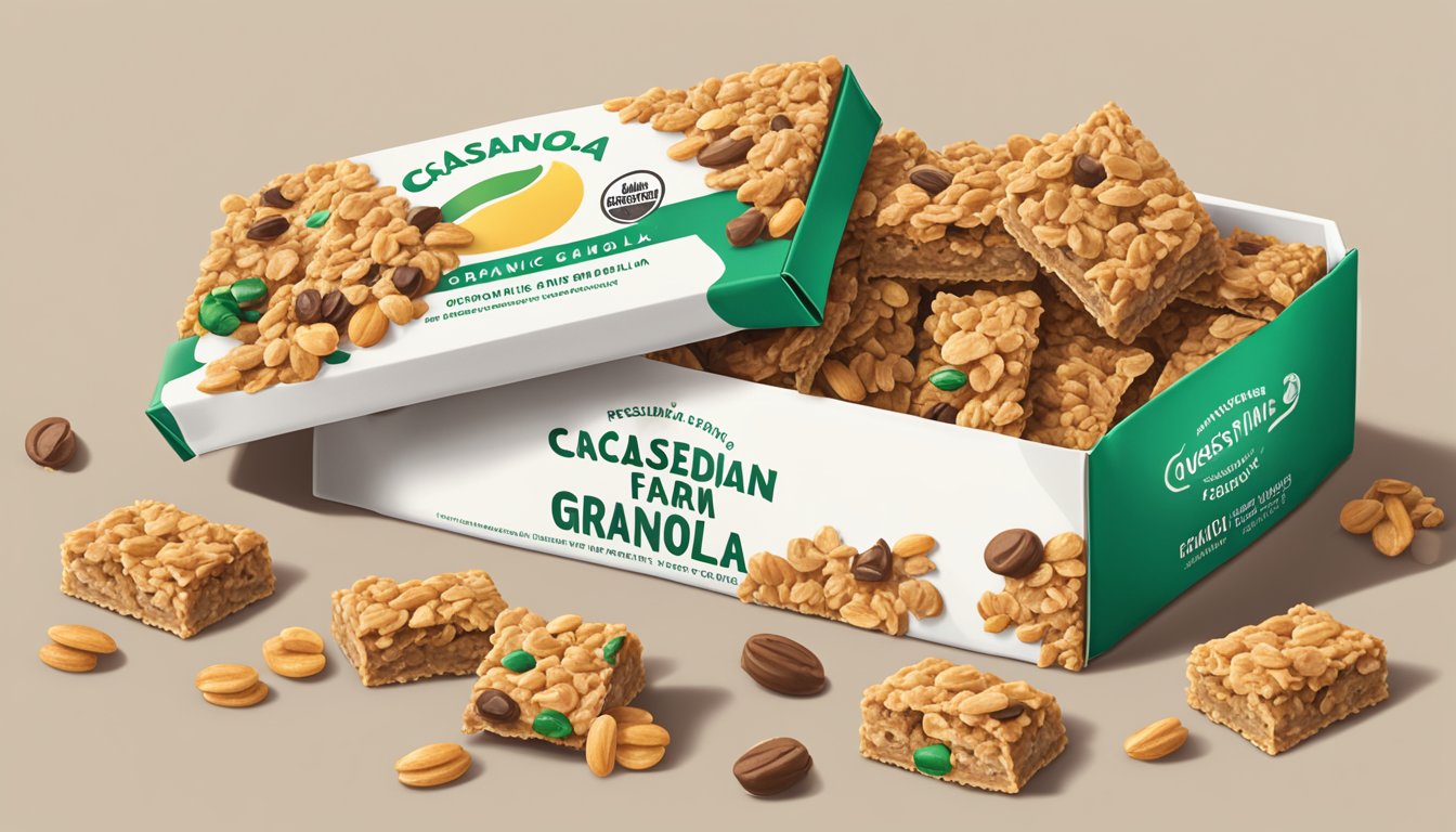 A pile of Cascadian Farm organic granola bars spilling out of an open box, with a question mark hovering above them