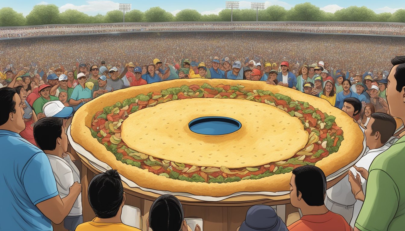 A giant tostada surrounded by cheering spectators at El Ranchito, Illinois