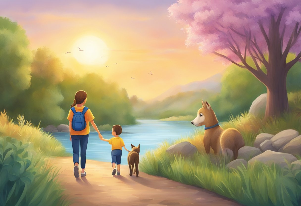 Une promenade paisible le long de la rivière avec des animaux doux et un coucher de soleil réconfortant, illustrant la sécurité émotionnelle et l'apprentissage positif pour les jeunes enfants.