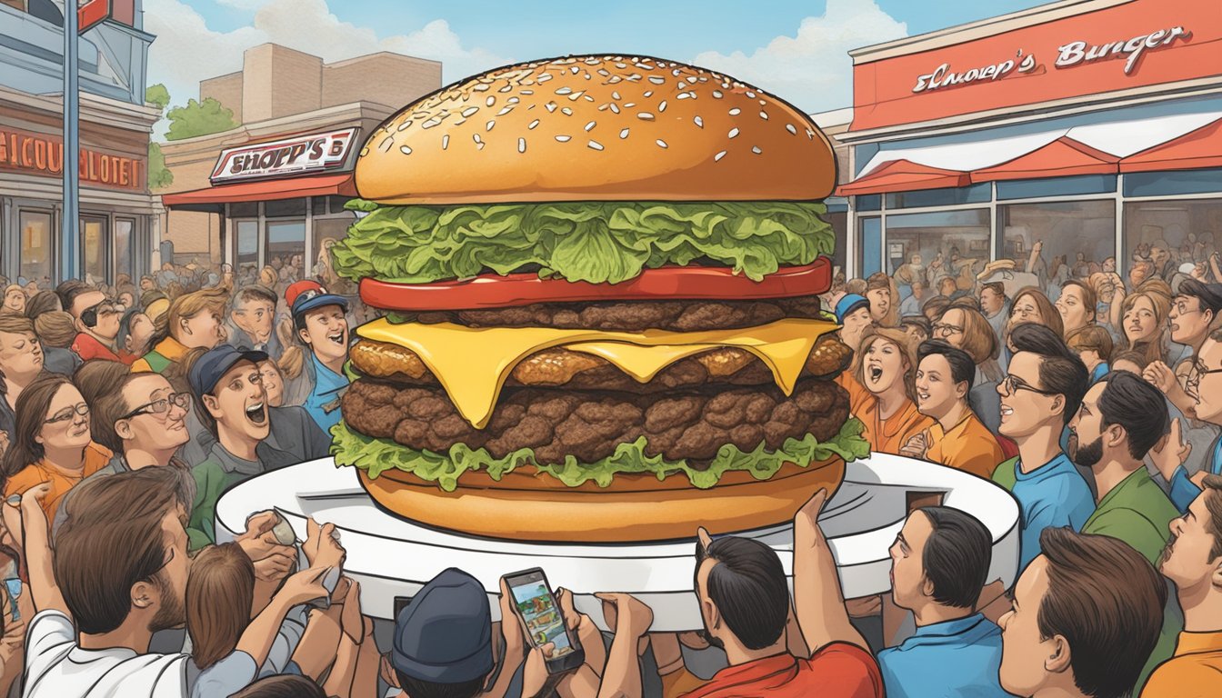 A towering burger with multiple patties, cheese, lettuce, and tomato, surrounded by a crowd of onlookers at Schoop's Ultimate Burger Challenge in Indiana