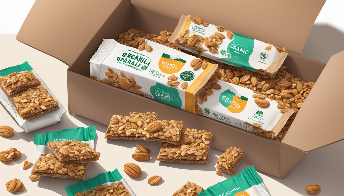 A pile of Cascadian Farm organic granola bars spilling out of an open box, with a few scattered on a table