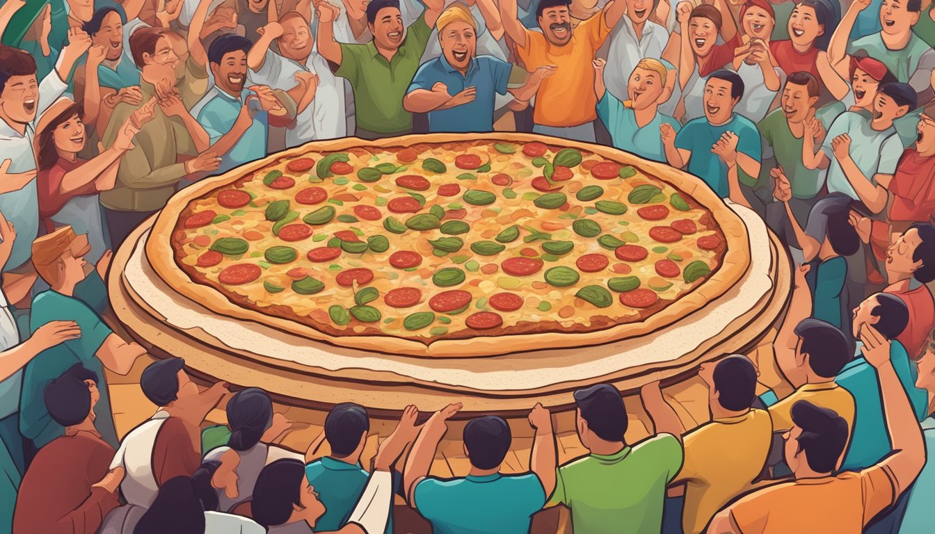 A massive Mexican pizza surrounded by cheering spectators at an Indiana food challenge event