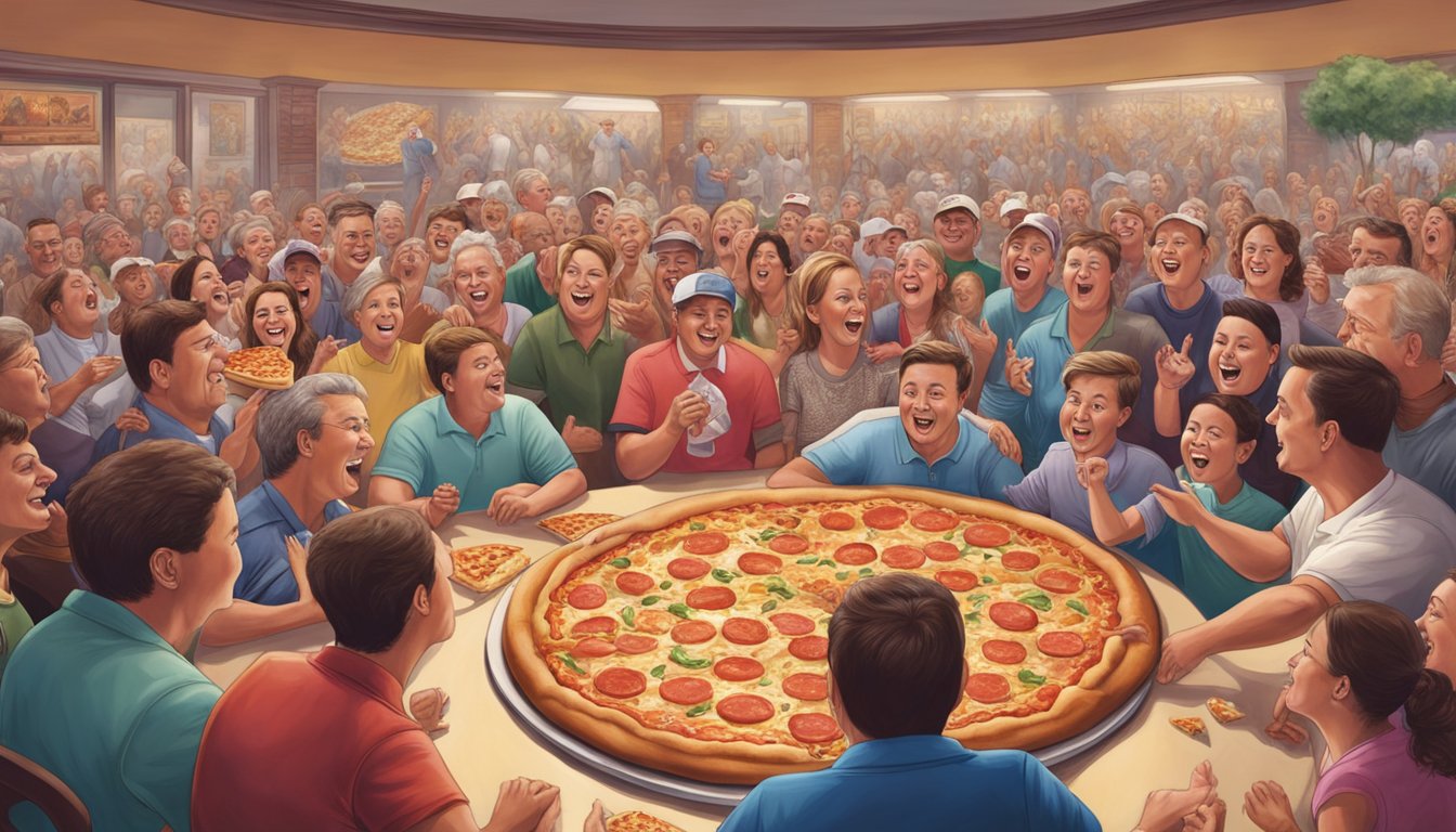 A massive 30-inch pizza sits on a table surrounded by cheering spectators at Pizza Palace, Illinois