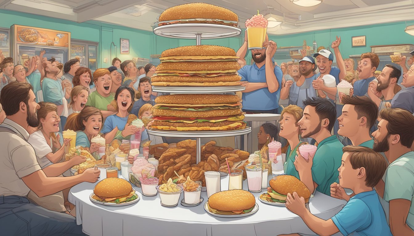 A table filled with towering food challenges, from giant tenderloins to massive milkshakes, surrounded by cheering onlookers