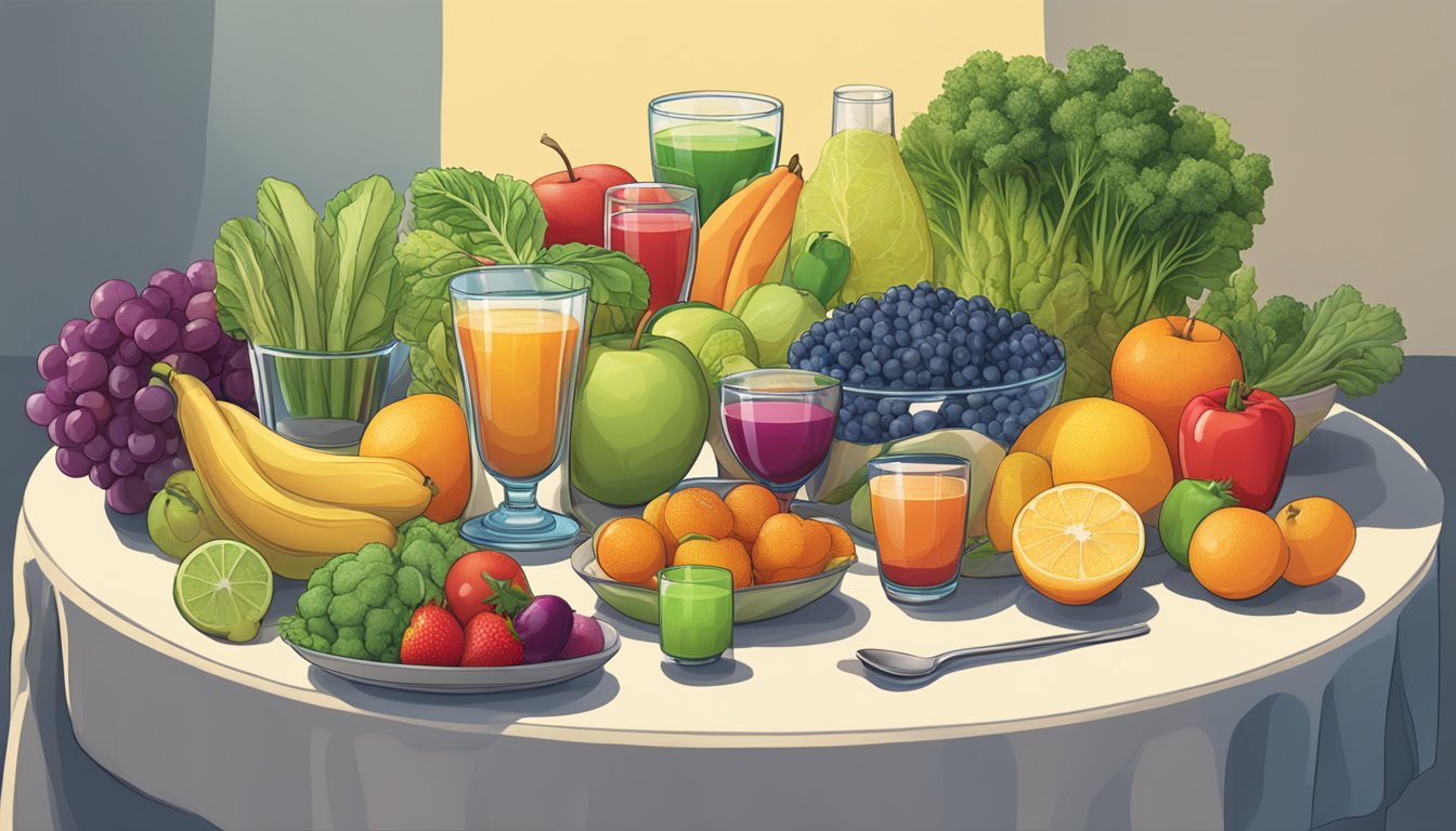 A table with multiple glasses of V-Fusion, some empty and some partially full, surrounded by various fruits and vegetables