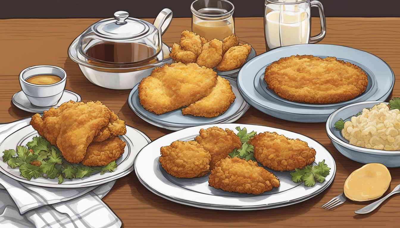 A table set with iconic Indiana dishes: breaded pork tenderloin, sugar cream pie, and Hoosier fried chicken